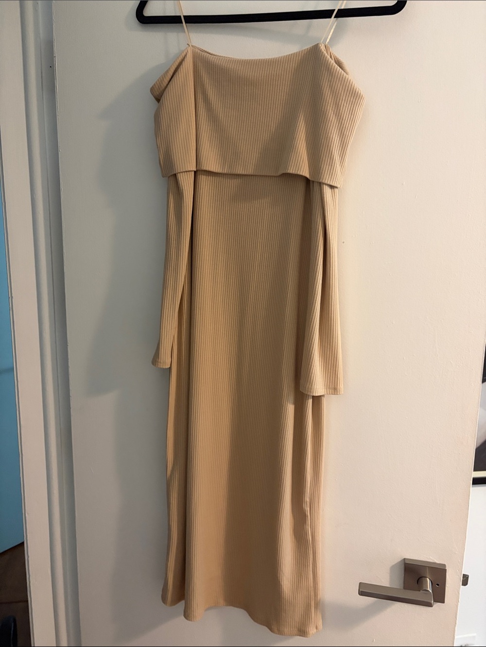 Long Sleeve Beige Ribbed Midi Dress with Overlay Bodice